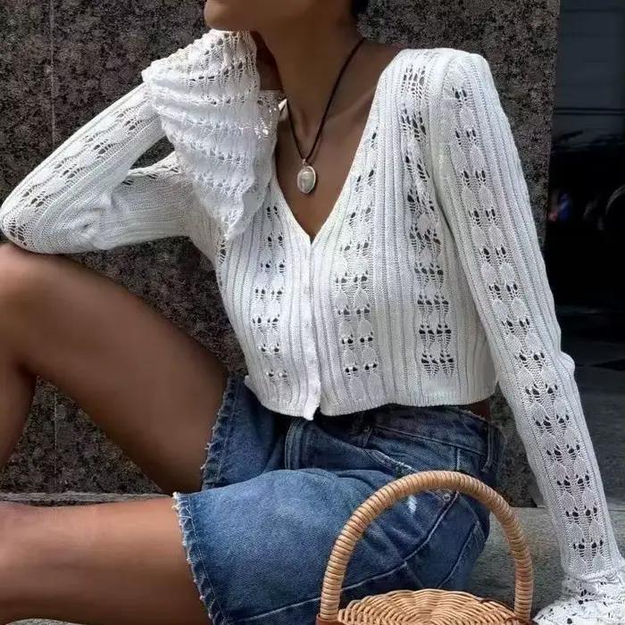 Cardigan court jaune d'été pour tenue décontractée, style évidé Dopamine, manches cloche, protection