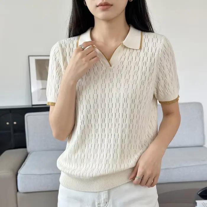 WinvyNee – pull en coton à col polo pour femme, haut tricoté, vert uni, manches courtes, pull décont