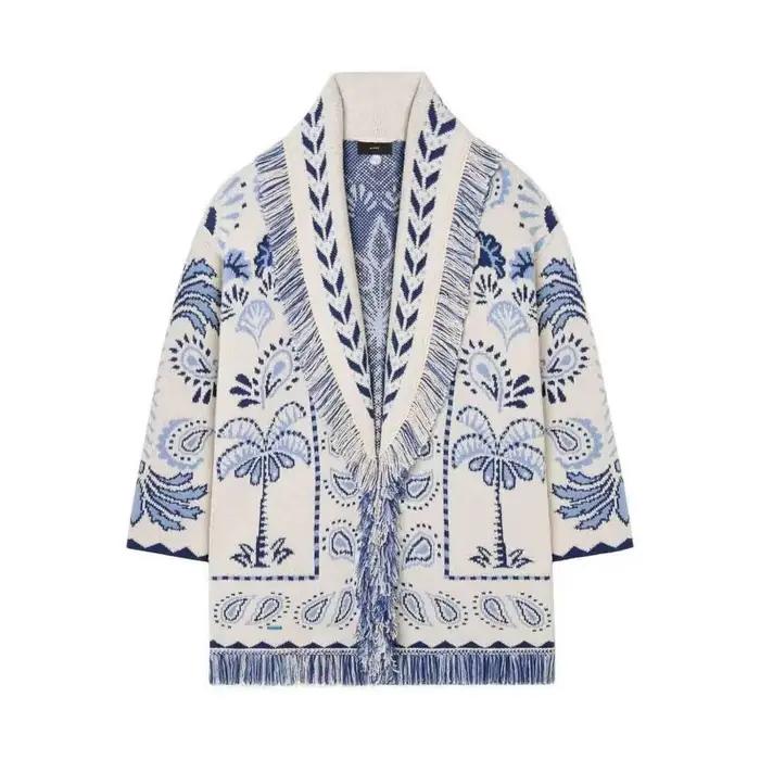 Cardigan Jacquard pour Femme avec Ceinture et Franges, Manteau Décontracté Ample en Tricot, Vêtement
