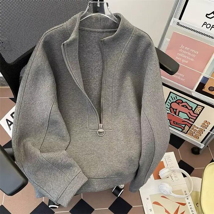 Sweat-shirt à col montant pour hommes, demi-fermeture éclair, Silhouette, hauts amples, rétro améric