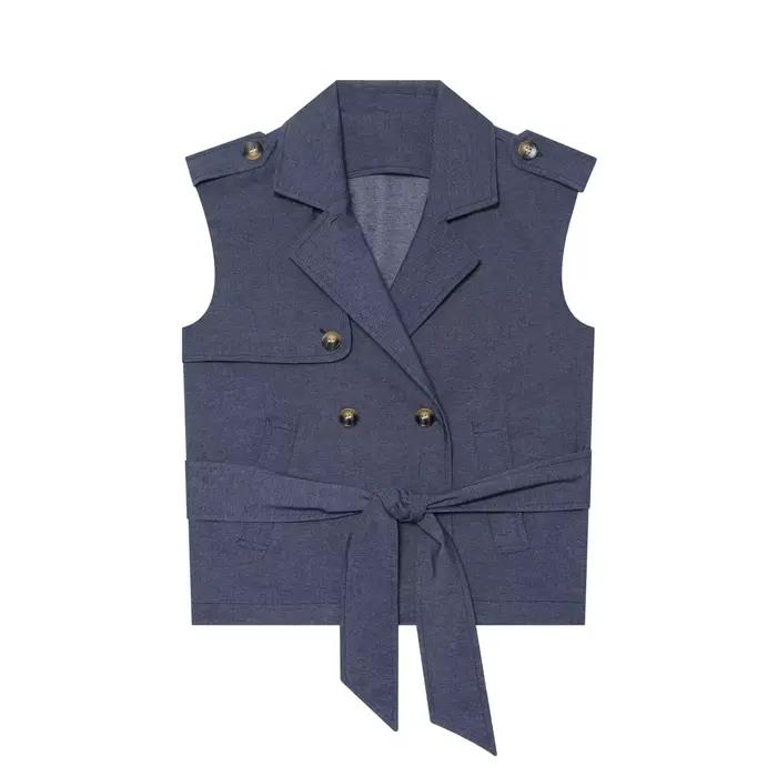 Gilet de ville élégant pour femme, sans manches, à épaulettes, ceinturé, en jean bleu marine vintage