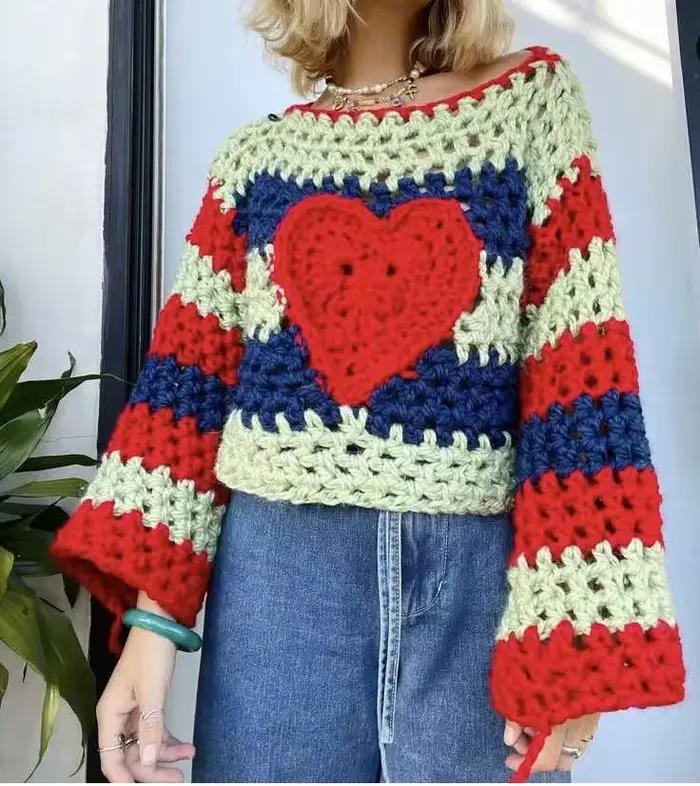 Haut en laine et mohair à col rond pour femmes, tissage creux, couleur bloquée, tissé à la main, cha