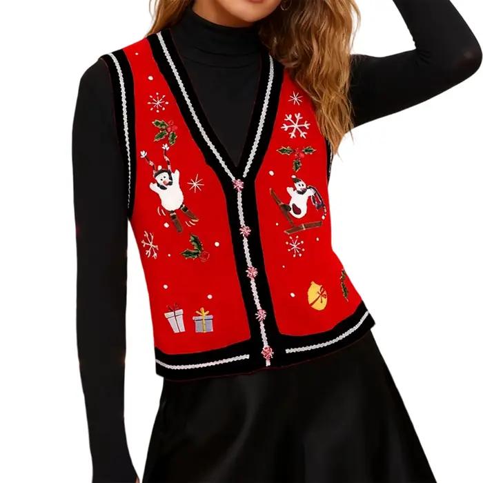 Gilet en tricot brodé de noël pour femmes, gilet élégant sans manches à boutons, bonhomme de neige, 