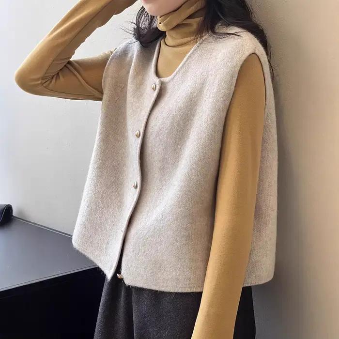Gilet tricoté rétro pour femmes, pull français ample et superposé, col rond, haut d'extérieur, autom