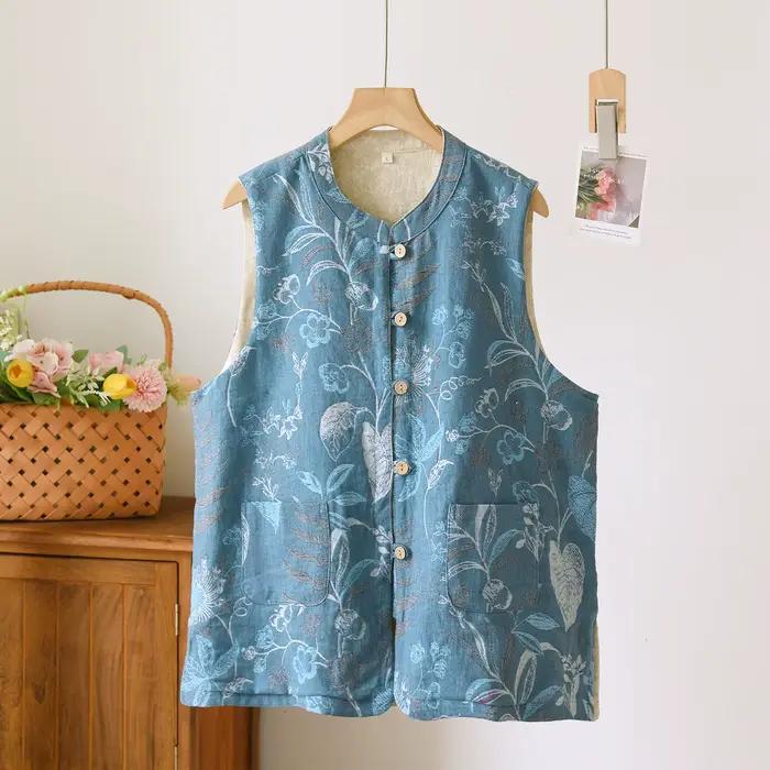 Gilet imprimé Floral Vintage pour femmes, Gilet en coton et lin de Style chinois, Gilet matelassé ar
