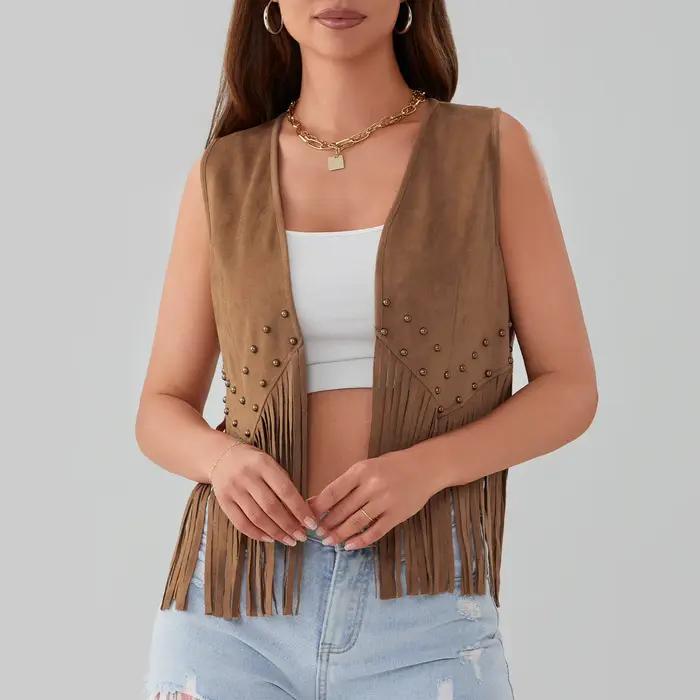 Gilet à franges pour femmes, ouvert sur le devant, rivets, pompons, Cardigan sans manches, Western C