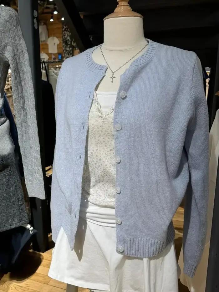 Cardigan tricoté rose doux, col rond, simple boutonnage, tricot en coton, décontracté, Simple, assor