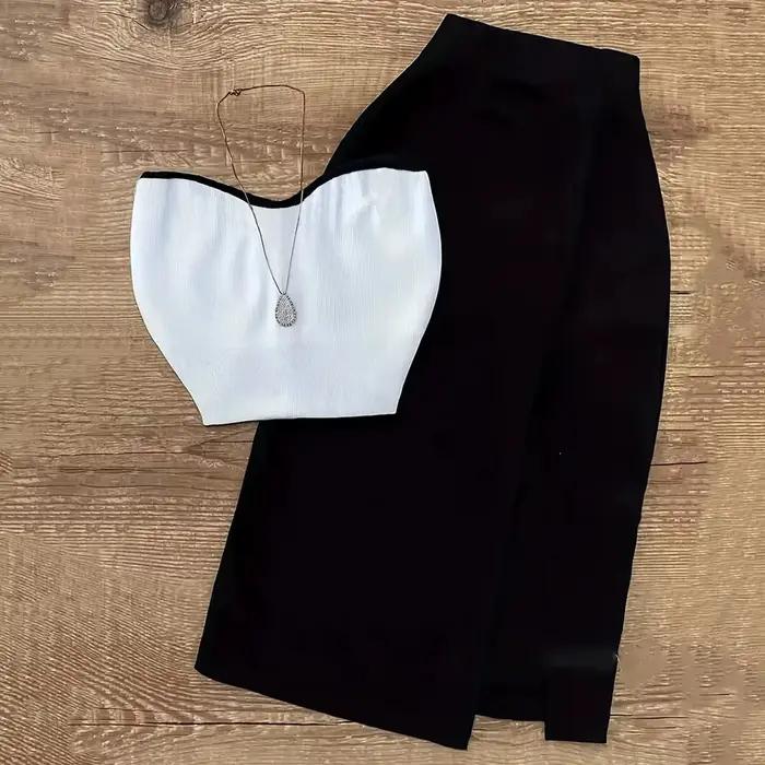 Ensemble deux pièces tricoté transfrontalier, coupe cintrée, épaules dénudées, fente latérale, Mini 