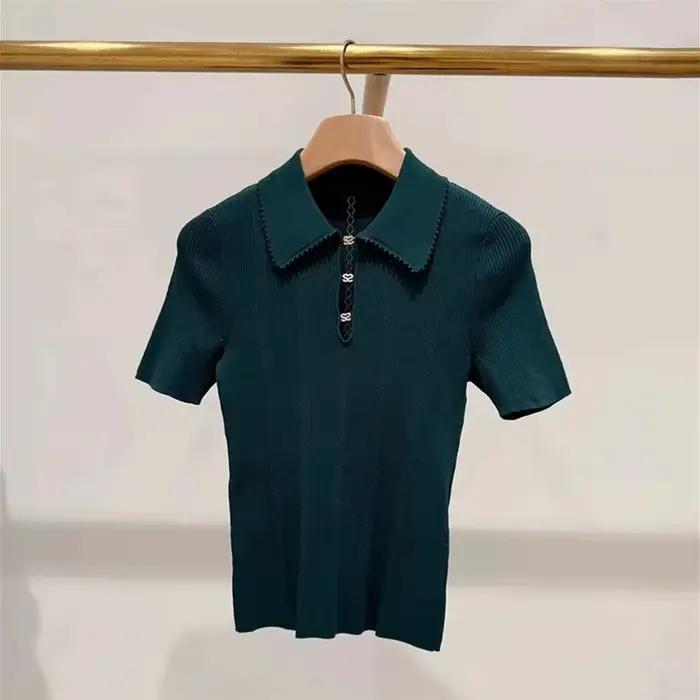 Pull torsadé vert noirâtre pour femmes, lettre ajourée, extensible, manches courtes, col rabattu, pu
