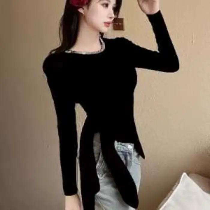 Pull à paillettes à col rond, Chic et élégant, Style français, manches longues, haut amincissant irr