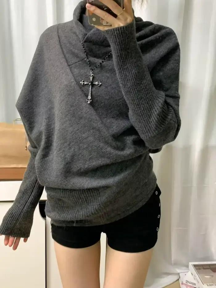 Pull gris Vintage à manches chauve-souris et col haut pour femme, haut tricoté avec sens du Design, 