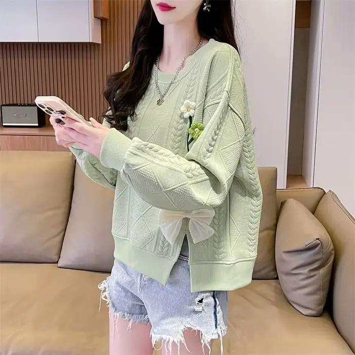 Sweat-shirt à col rond pour femme, pull fin polyvalent, haut court, mode printemps et automne, nouve