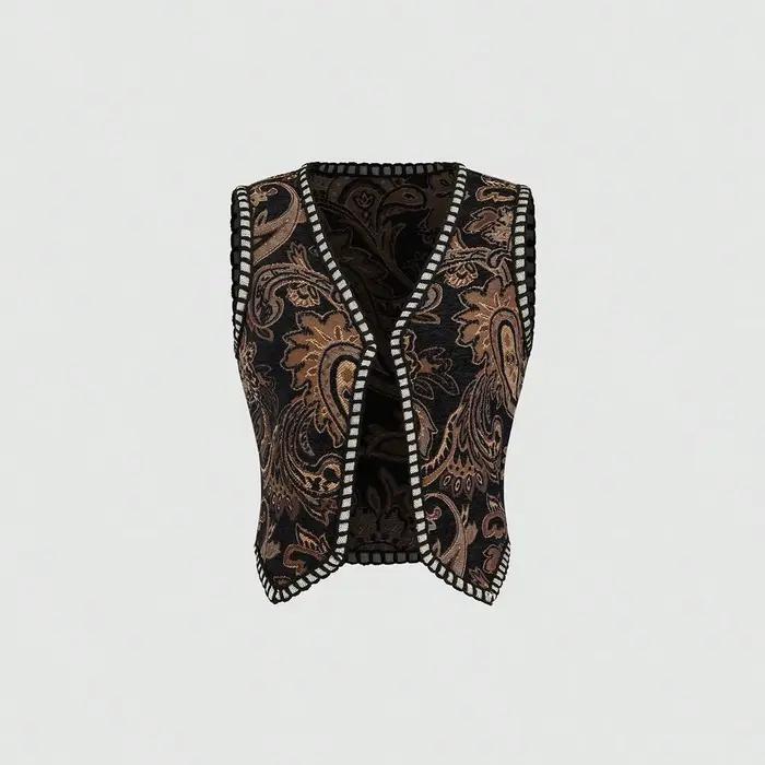 Gilet en tissu vintage à motif cachemire avec bordure dorée
