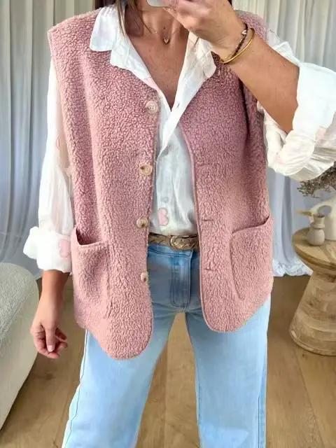 Gilet en velours rose Teddy pour femme, col en V, bouton unique, coupe ample amincissante, veste d'e