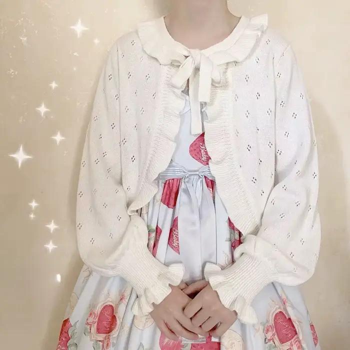 KOSAHISYELLO-Cardigan Lolita Japonais Kawaii pour Femme, Pull Vintage à Manches Lanternes, à Volants