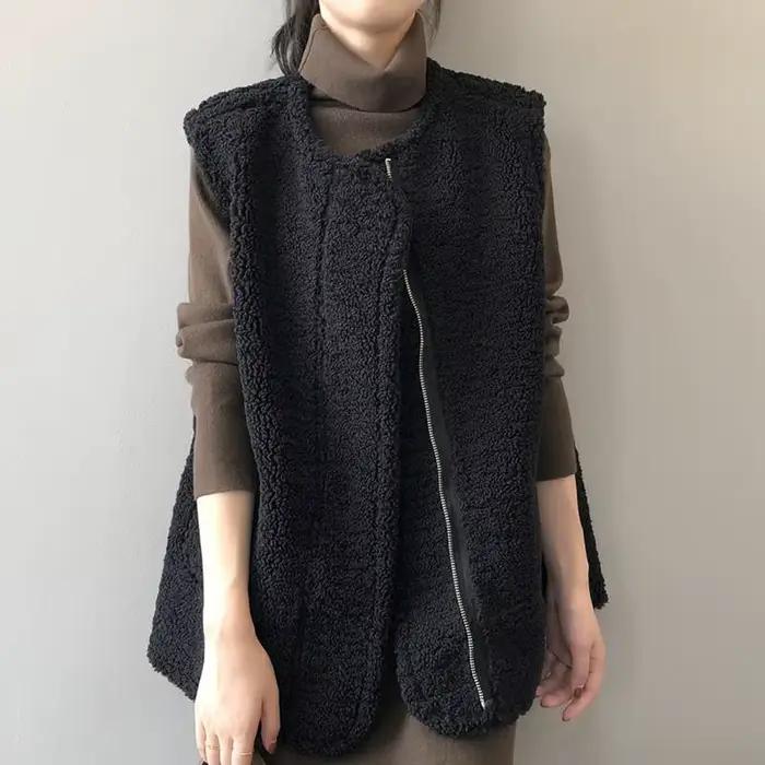 Gilet en fourrure d'agneau pour femme, coupe ample, veste, Camisole double face, automne et hiver