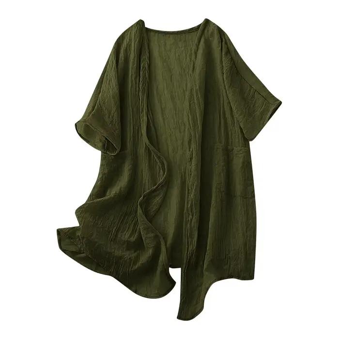 Cardigan en coton et lin pour femmes, col en V, couleur unie, devant ouvert, style décontracté, vête