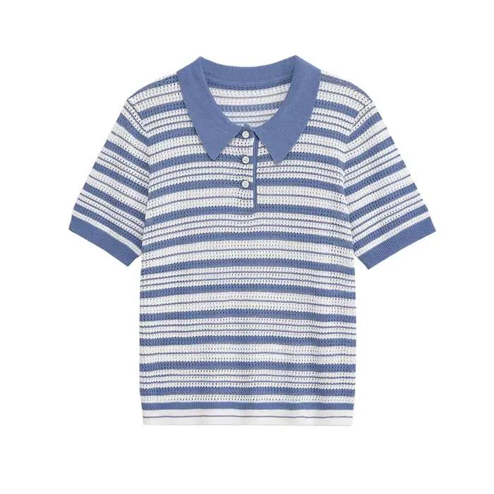 Haut tricoté rayé à col Polo ajouré pour femme, ample, couleur bloquée, manches courtes, chemise déc