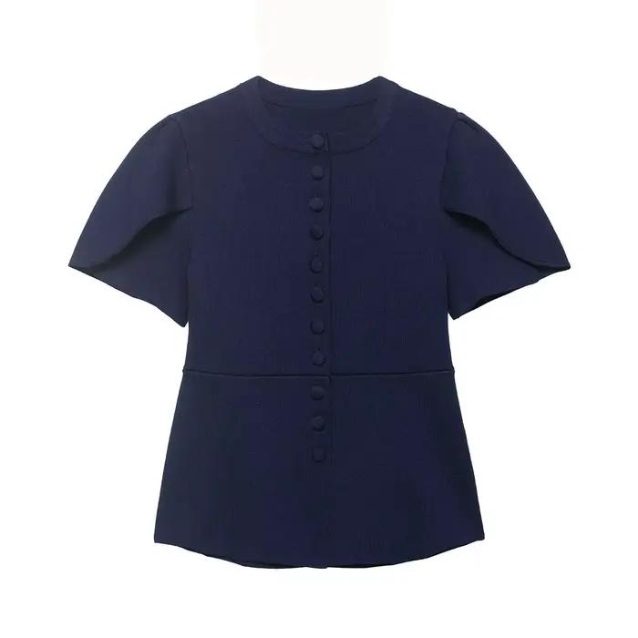 Cardigan Femme à Ouvertures Nouvelle Collection Printemps-Été 2026, Manches Courtes Bouffantes, Col 