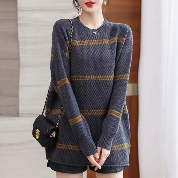 Pulls tricotés à col rond et rayures pour femmes, nouvelle collection printemps-automne, coupe ample