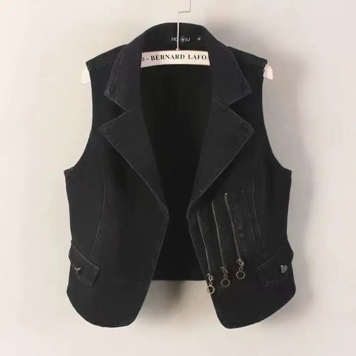 Gilet en denim noir pour femme, vêtements d'extérieur courts et minces, manteau sans manches, costum