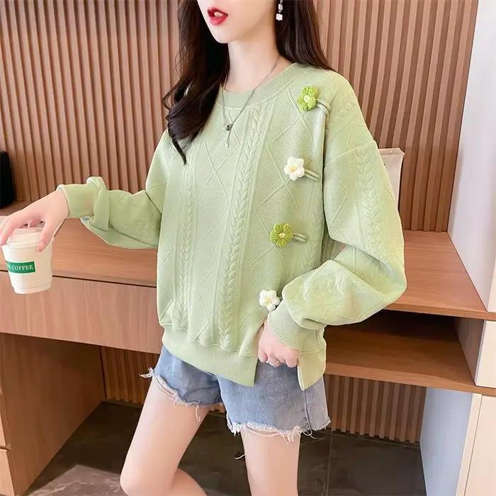Sweat-shirt vert fendu pour femmes, nouvelle mode coréenne de base des années 2000, haute qualité en