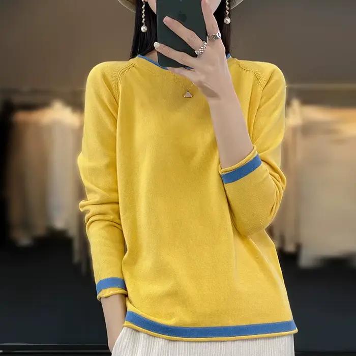 Pull à col rond pour femme, tricot 100% coton, nouvelle chemise ample à bascule en coton et lin, cou
