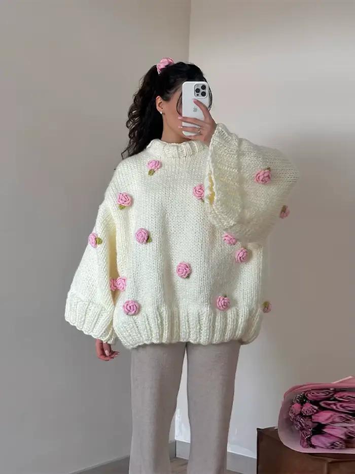 Pull tricoté surdimensionné à fleurs 3D pour femmes, col rond, manches longues évasées, froncé, coup