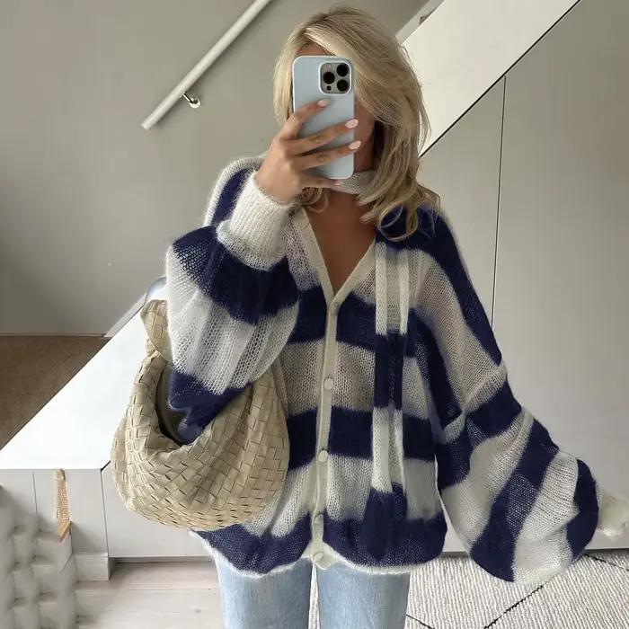 TARUXY mode rayé pull Cardigan avec écharpe femme ample mince creux haut tricoté lanterne manches co