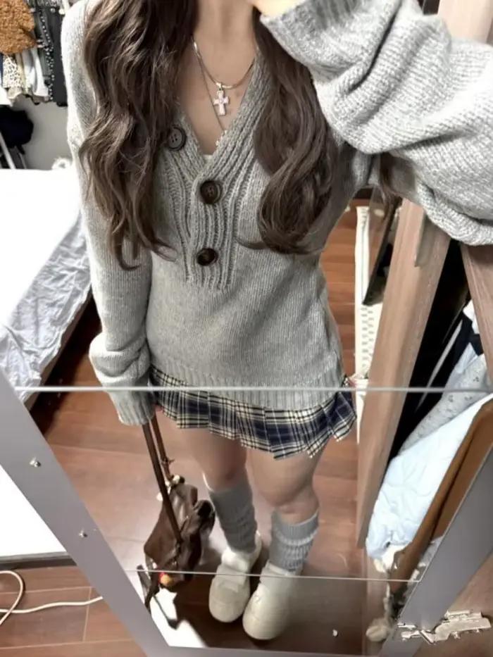 Aoaiiys – pull gris à manches longues pour femme, pull tricoté Spice Girls, pull slim, confortable e