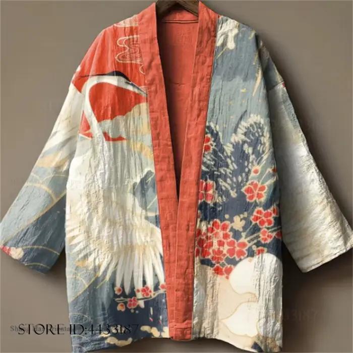 Kimono Cardigan Oversize pour Adulte, Veste Imprimée Vintage à Manches Courtes, Peignoir Yukata Haor