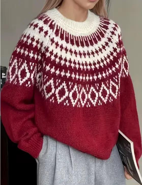 Red Fair Isle – pull de noël en Jacquard pour femmes, Vintage, haut en tricot de vacances