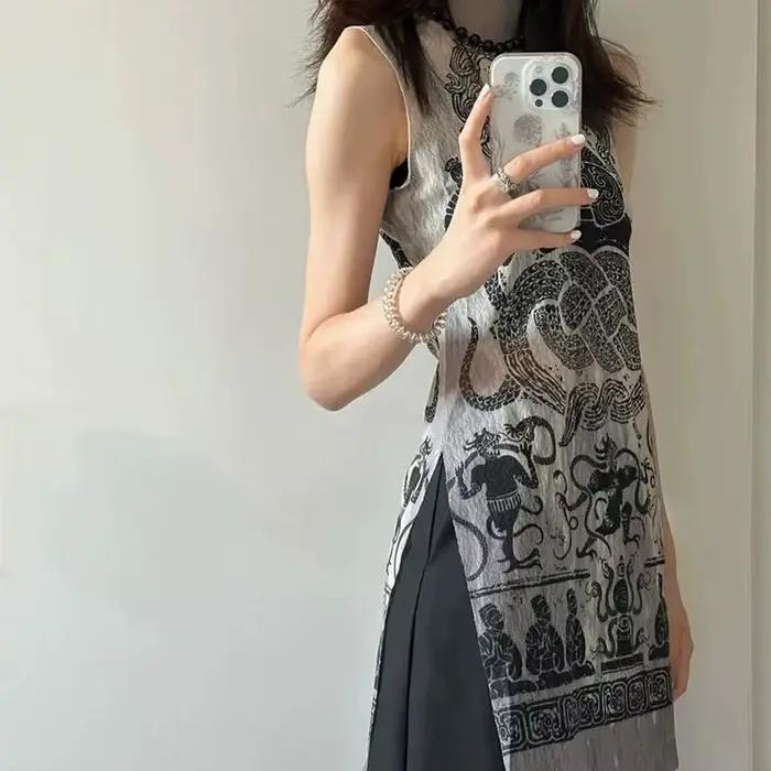 Gilet léger en mousseline de soie pour femmes, imprimé rétro chinois, fente latérale, Slim, col mi-h
