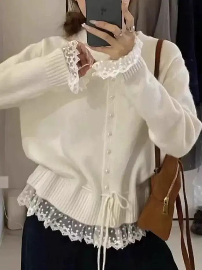 Pull tricoté femmes 2025 automne nouveauté perles boutons dentelle Patchwork chandails pulls Style c