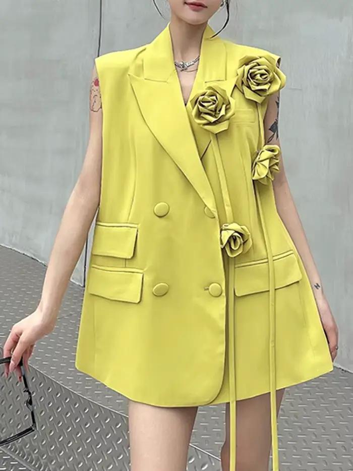 EAM femmes jaune grande taille 3D fleurs à lacets costume décontracté gilet nouveau col en V sans ma