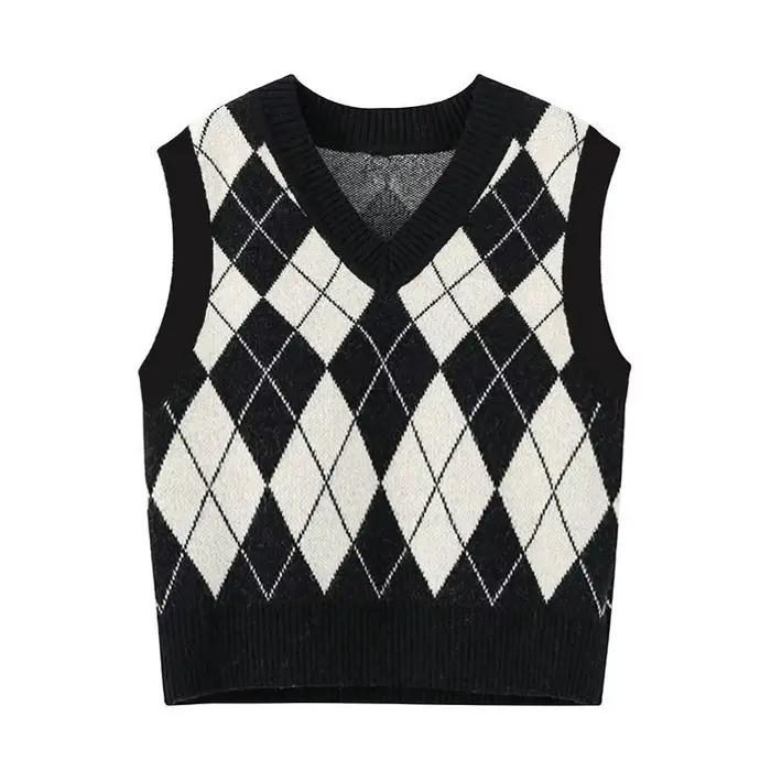 Pull à carreaux vintage pour femmes, col en V doux, assressentiavec tout, style preppy tendre et con