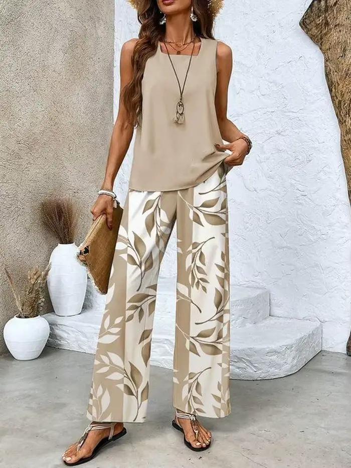 Ensemble deux pièces pour femme, veste sans manches à couleur unie, pantalon imprimé, style décontra