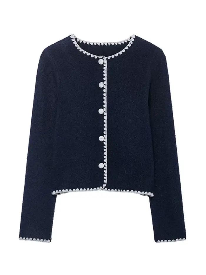 Cardigan tricoté brodé bleu marine pour femme, élégant, garniture contrastée, col rond, simple bouto