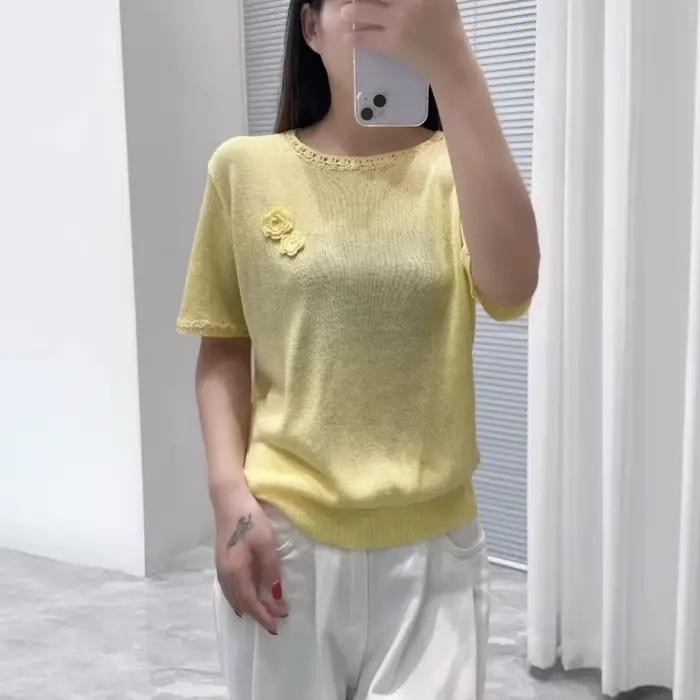 Pull tricoté à col rond pour femmes, manches courtes, décoration florale 3D, haut élégant pour le bu