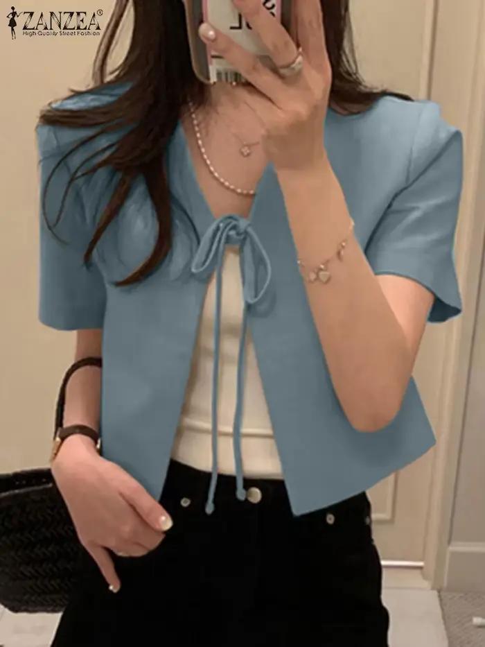 ZANZEA-Chemisier Cardigan Élégant pour Femme, Col en V, Manches Courtes, Chemise de Travail, à Lacet