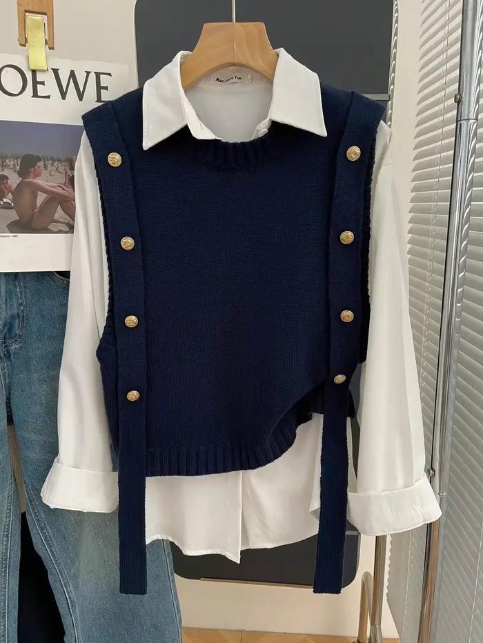 Gilet en tricot pour femmes, coupe ample, col rond, avec décoration boutonnée, mode saisonnière prin
