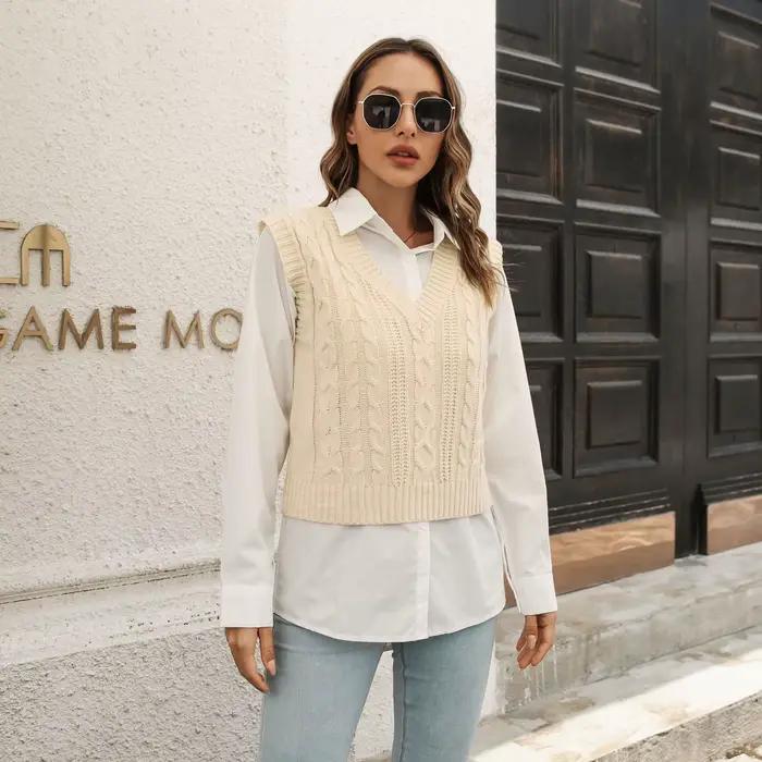 Gilet pull femme col en V en tricot beige, gilet pull femme bleu clair à motif torsadé, pull sans ma