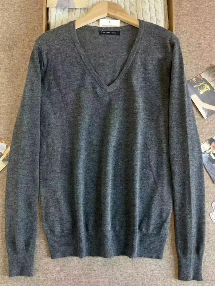 Pull gris à col en V pour femme, streetwear printemps, simple, en coton, coupe slim, manches longues
