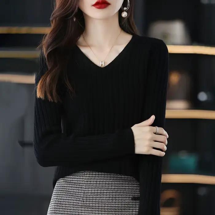 Pull tricoté à manches longues pour femme, col en v, à la mode, vêtements féminins de base, solide, 