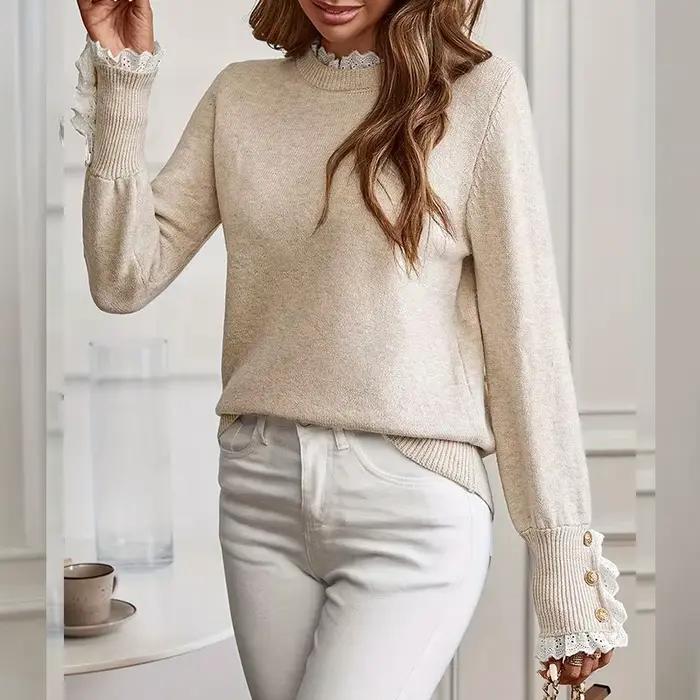 Pull en tricot pour femme avec dentelle, col rond, manches longues et boucle