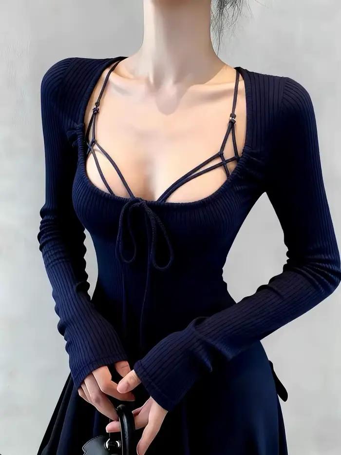Nouveau Pull Tricoté Sexy à Col Carré et Lacets pour Femme, Style Coréen, Coupe Slim, Manches Longue