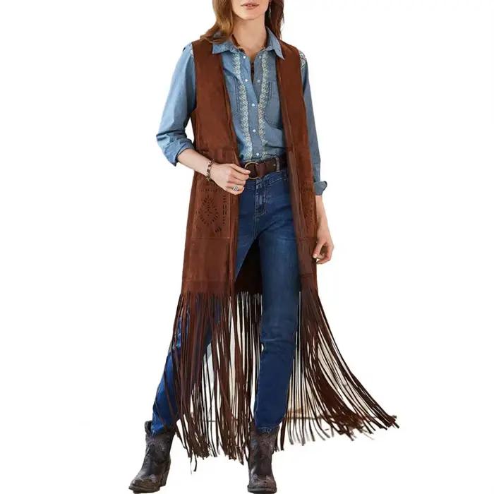 Gilet occidental à franges, gilet bohème à franges, Cardigan sans manches pour femmes avec détails d