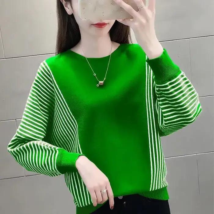 Pull rayé épissé à manches chauve-souris pour femmes, pulls décontractés, vêtements de mode coréens,