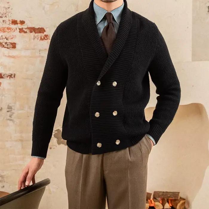 Mr. Deer-Cardigan en laine à double boutonnage avec col châle, manteau chaud, veste rétro à la mode,