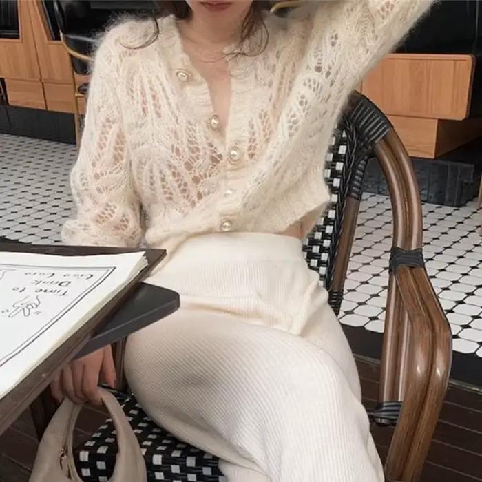 Cardigan Mohair de Style français pour femme, pull Sexy ajouré, manteaux courts tricotés, Design Chi
